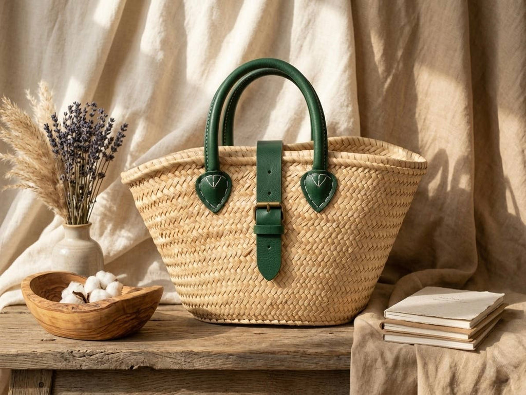 Handwoven Moroccan Straw Basket with Green Leather Handle
