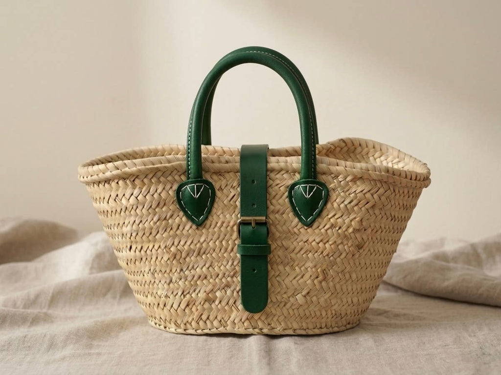 Handwoven Moroccan Straw Basket with Green Leather Handle