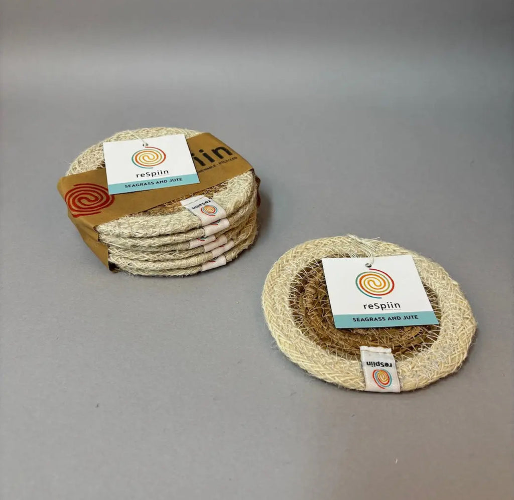 Set of 6 Seagrass & Jute Coasters - Natural/White