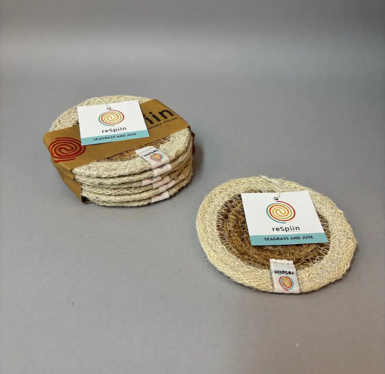 Set of 6 Seagrass & Jute Coasters - Natural/White