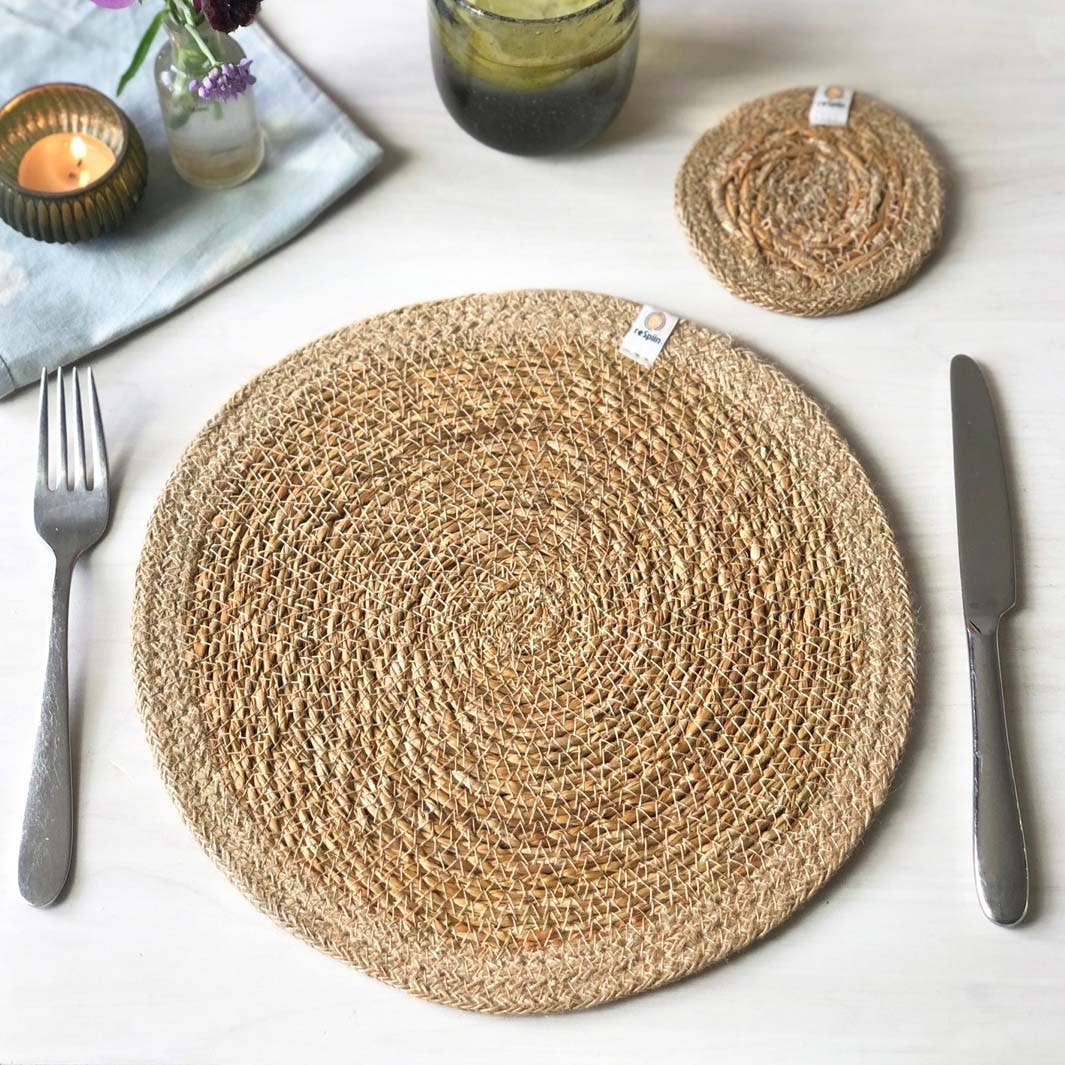 Set of 6 Seagrass & Jute Coasters - Natural/Natural