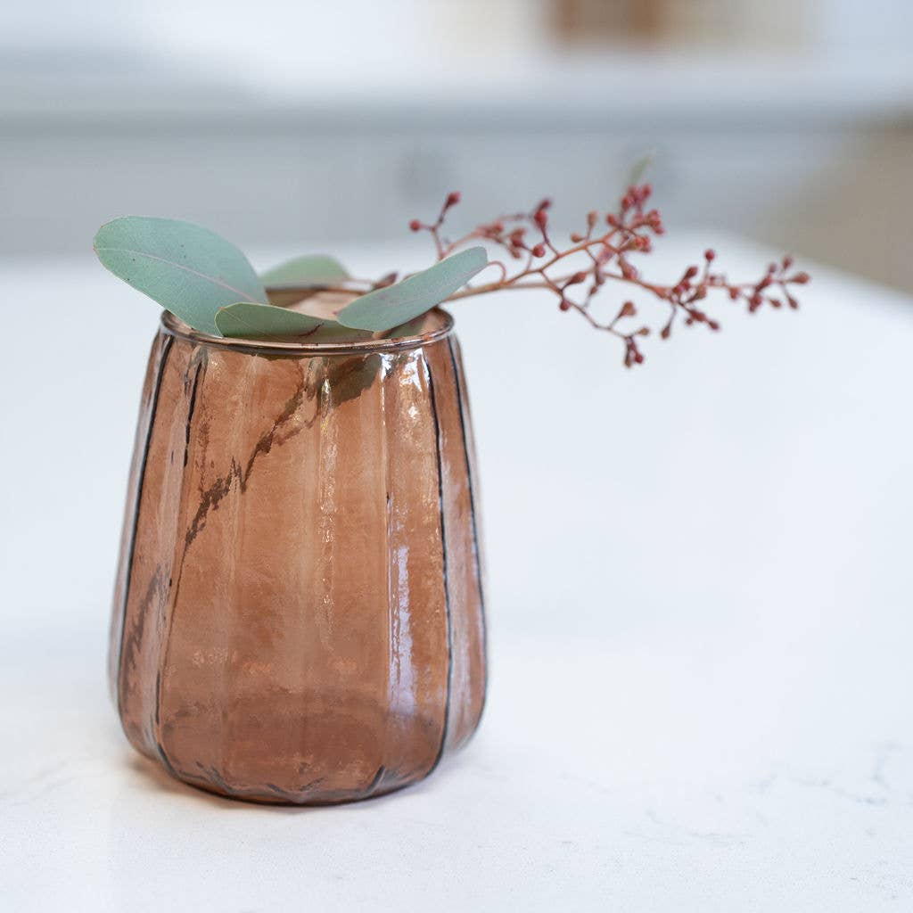 Tabby, Ribbed Short Glass Vase: Brown
