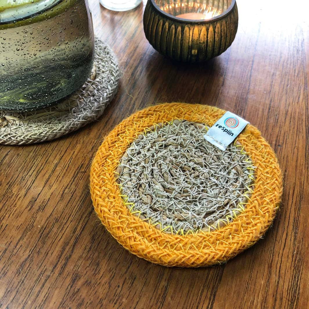 Set of 6 Seagrass & Jute Coasters - Natural/Yellow