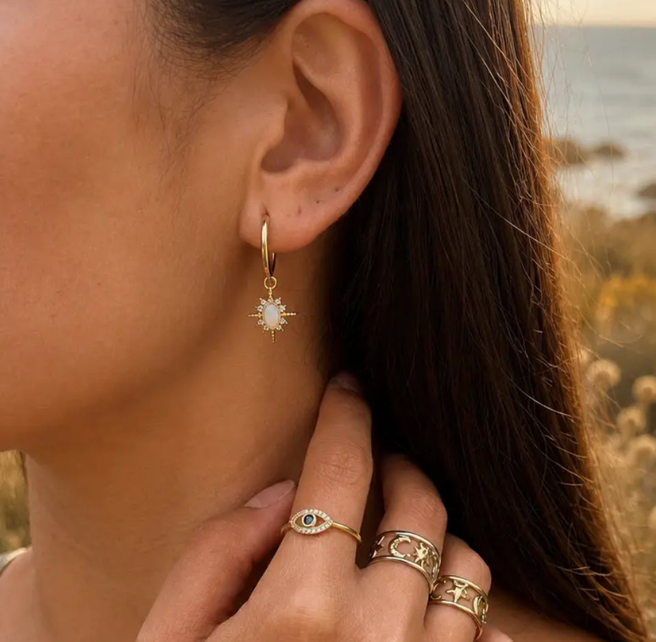 Opalite Sunburst Gold Huggie Earrings