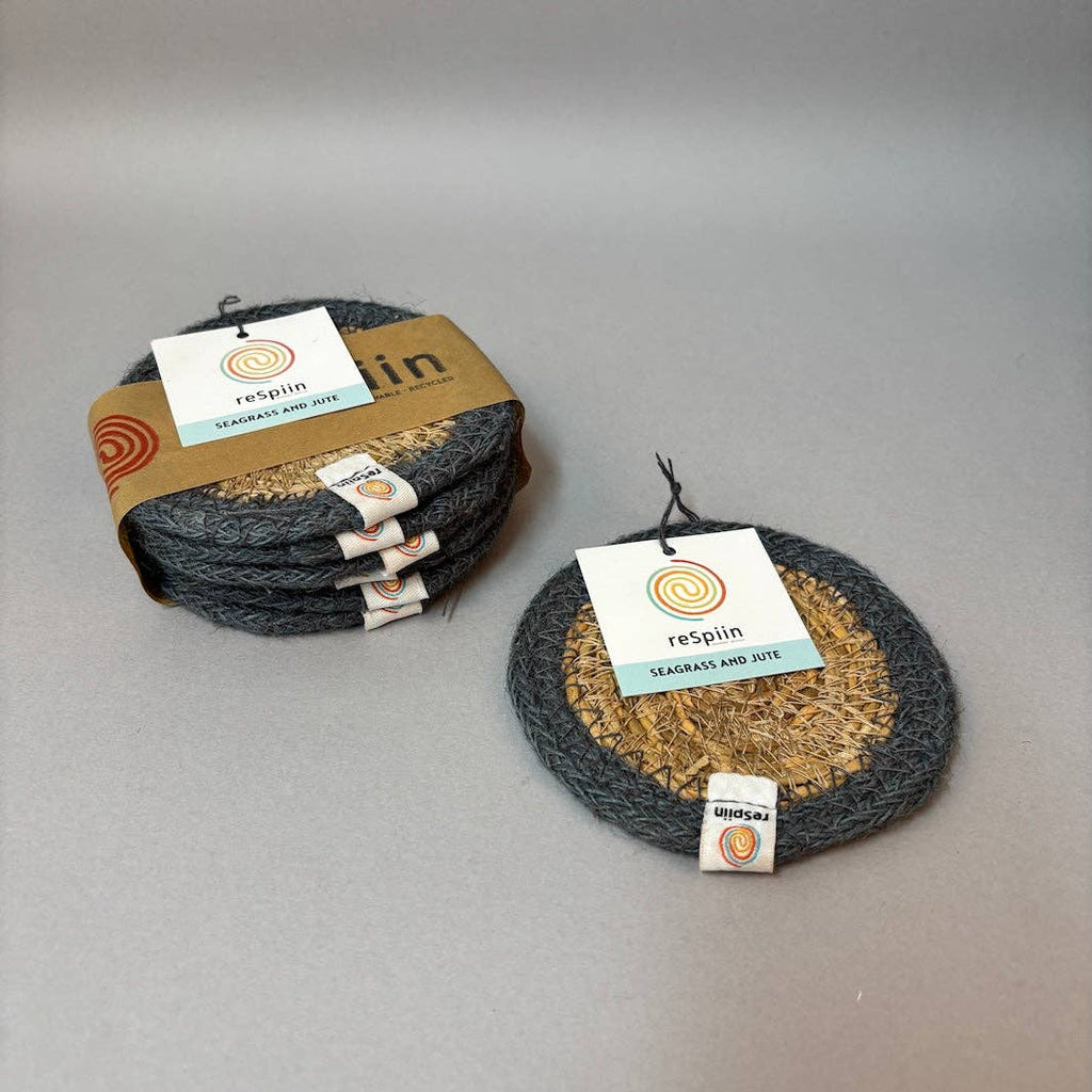 Set of 6 Seagrass & Jute Coasters - Natural/Grey