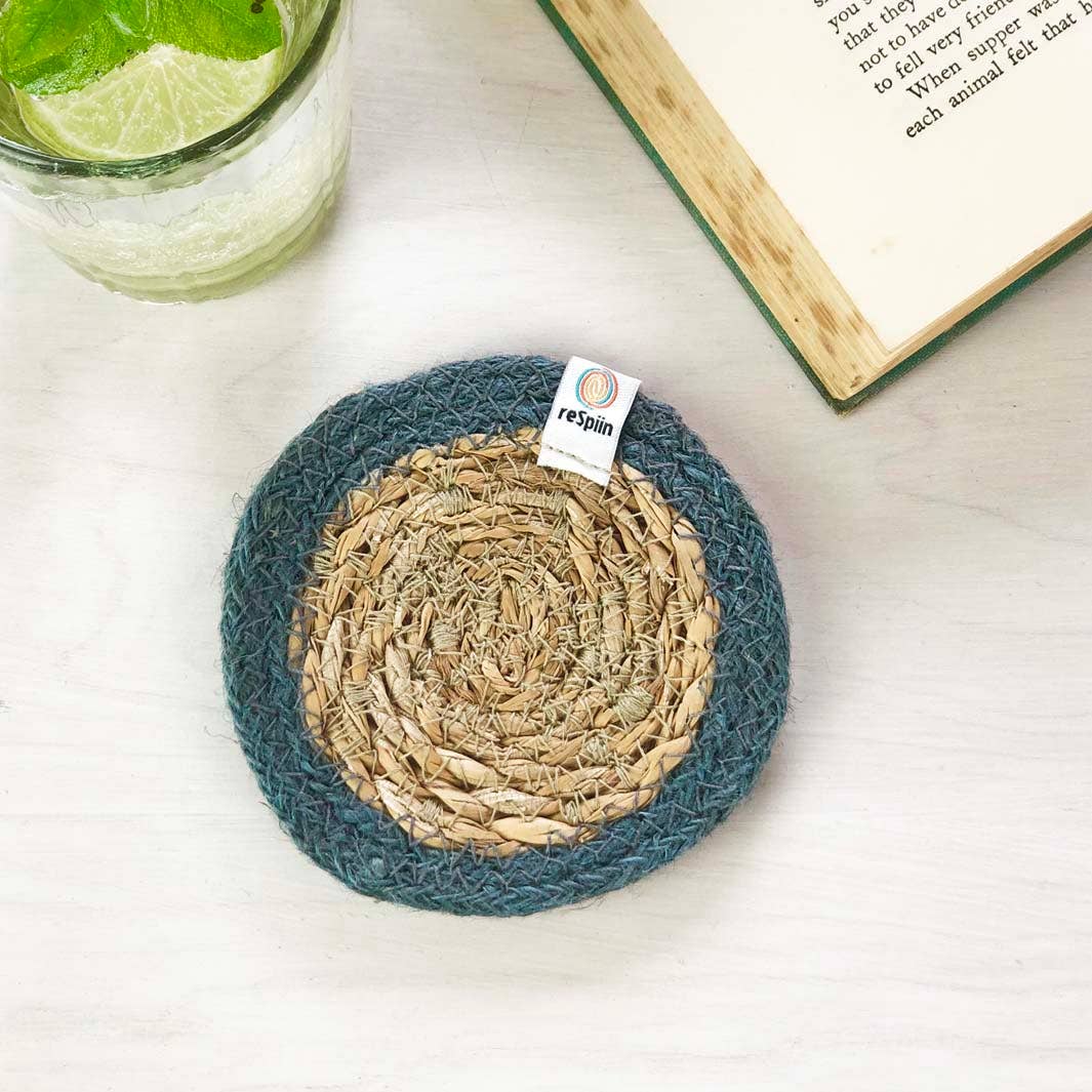 Set of 6 Seagrass & Jute Coasters - Natural/Grey