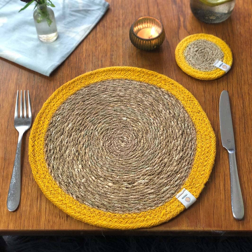 Set of 6 Seagrass & Jute Coasters - Natural/Yellow
