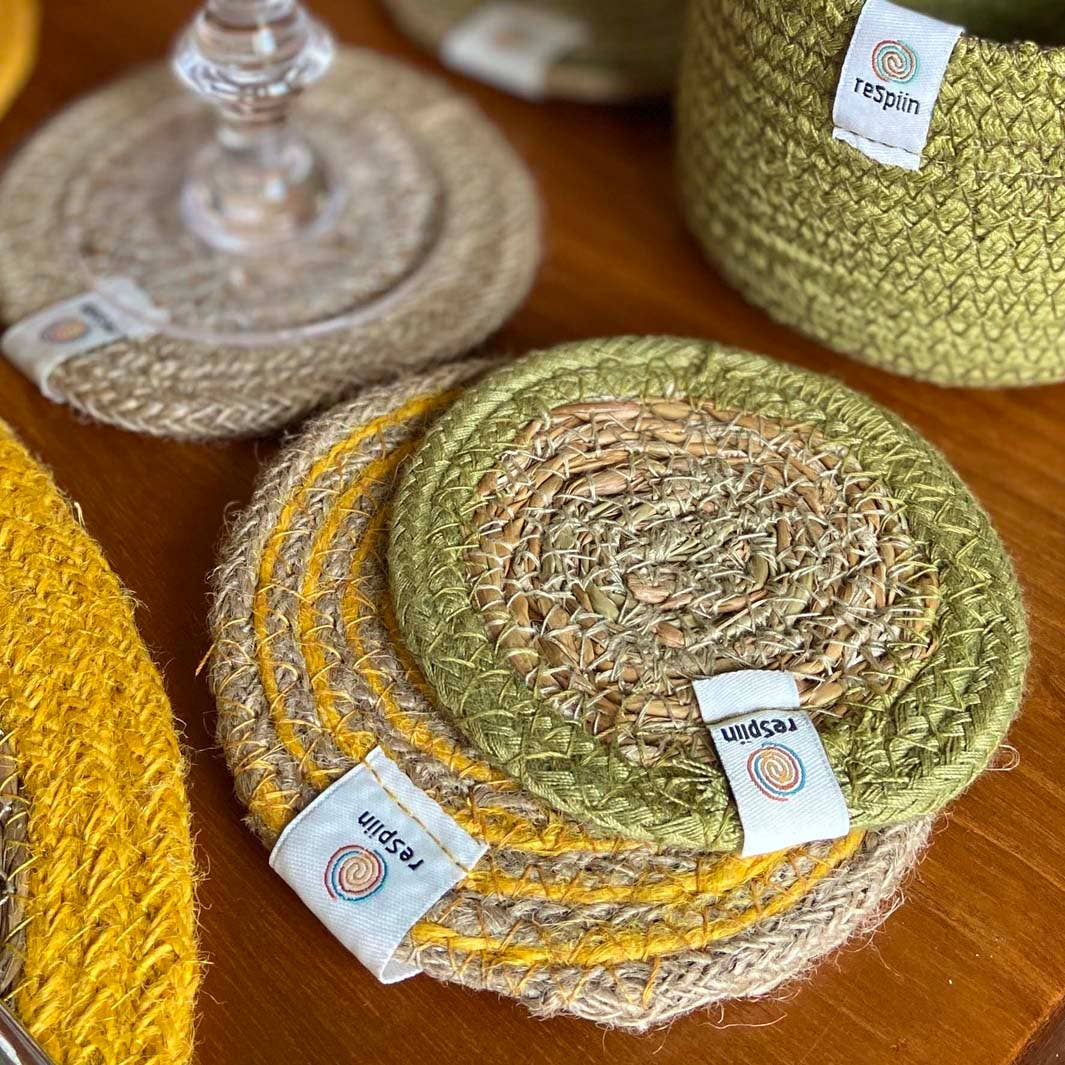 Set of 6 Seagrass & Jute Coasters - Natural/Green