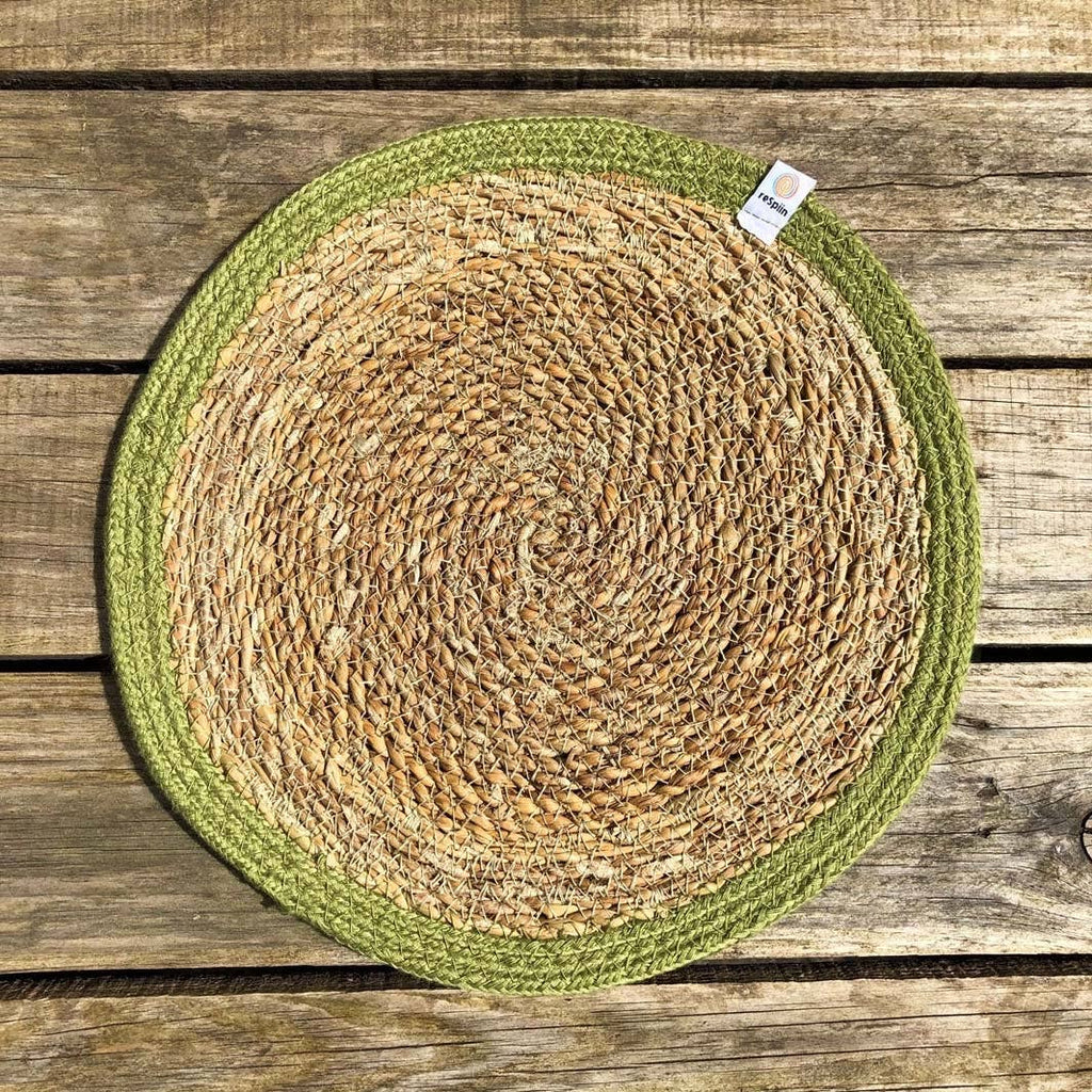 Set of 6 Seagrass & Jute Tablemats - Natural/Green
