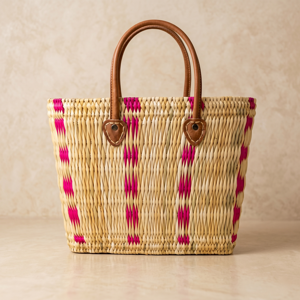 Handwoven Moroccan Straw Tote Bag with Leather Handles: Orange