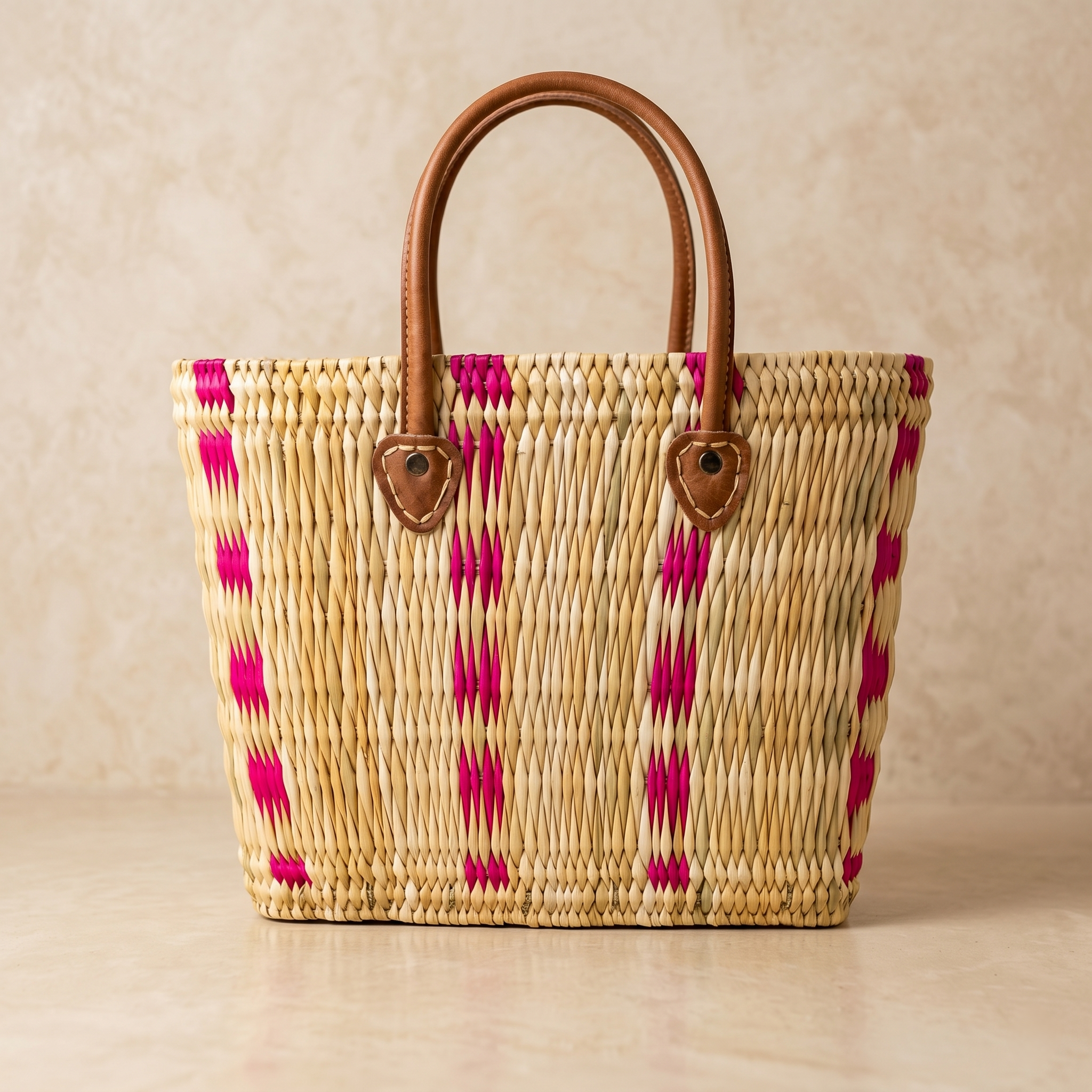 Handwoven Moroccan Straw Tote Bag with Leather Handles: Orange