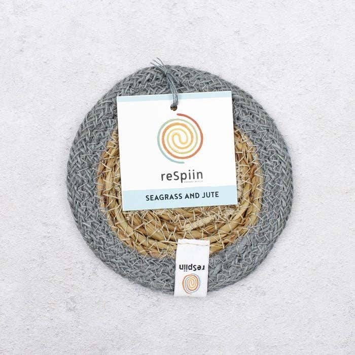 Set of 6 Seagrass & Jute Coasters - Natural/Grey