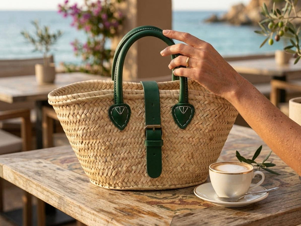 Handwoven Moroccan Straw Basket with Green Leather Handle