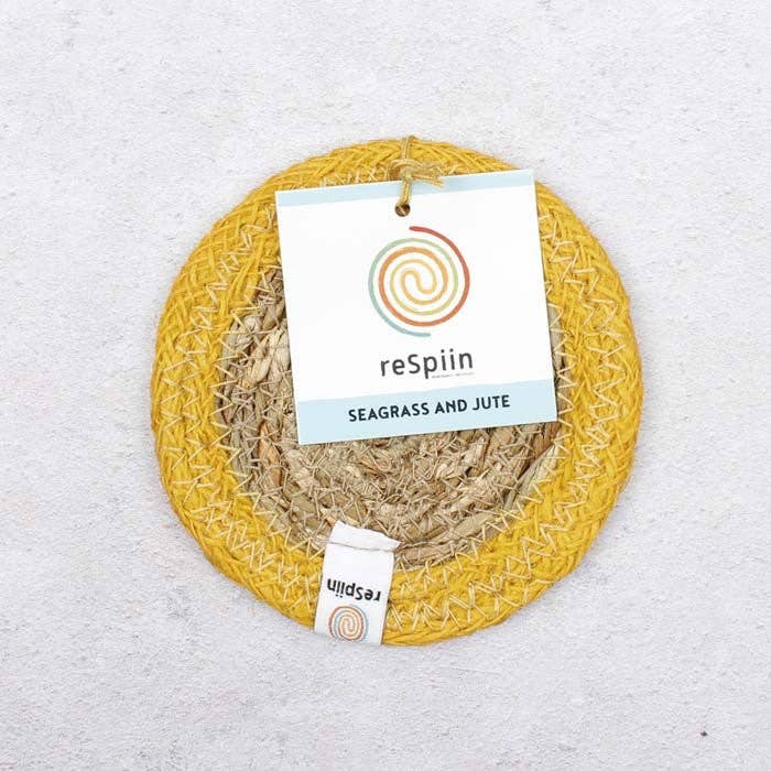 Set of 6 Seagrass & Jute Coasters - Natural/Yellow