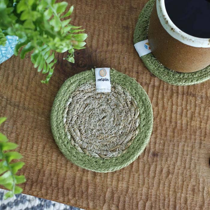 Set of 6 Seagrass & Jute Coasters - Natural/Green