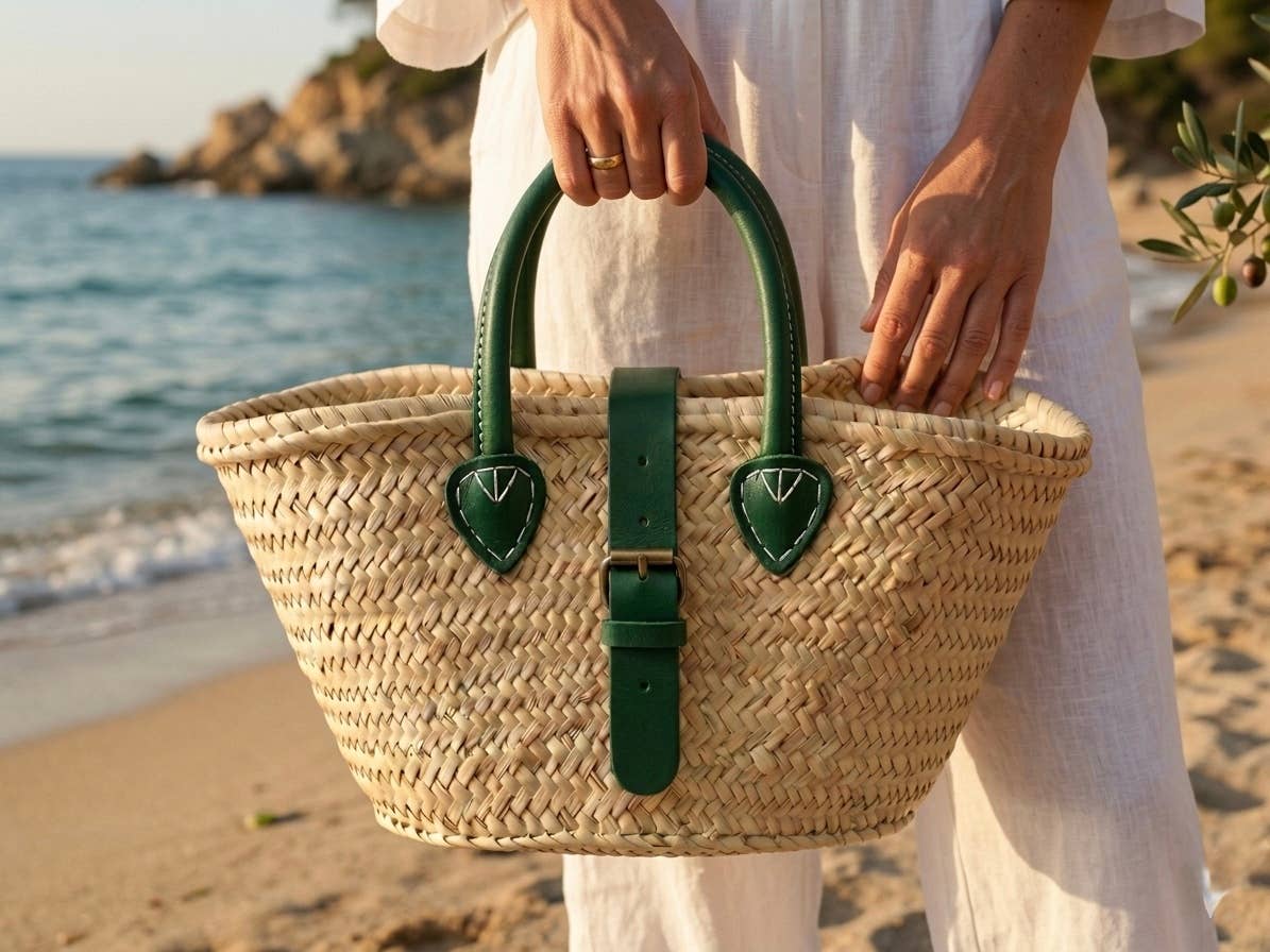 Handwoven Moroccan Straw Basket with Green Leather Handle