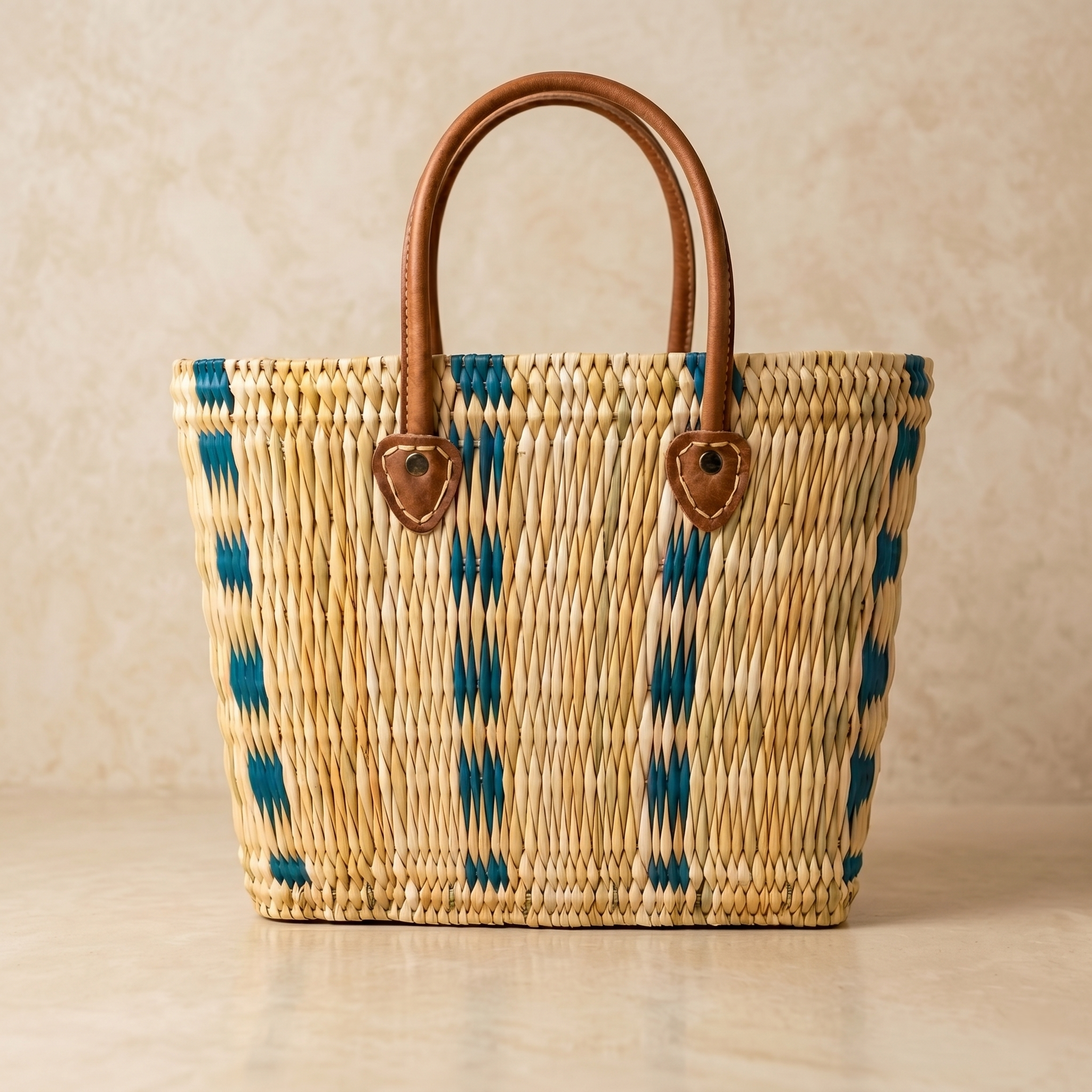Handwoven Moroccan Straw Tote Bag with Leather Handles: Orange