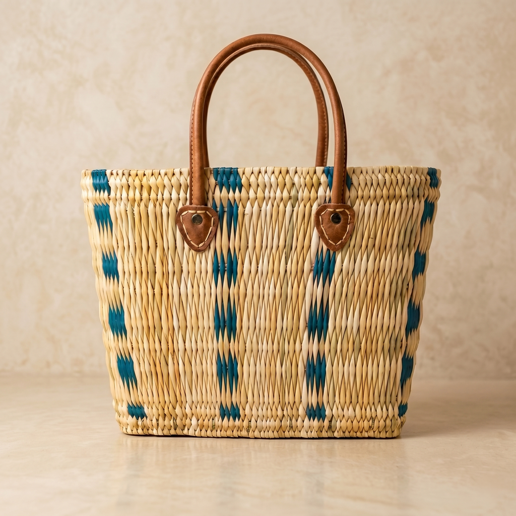 Handwoven Moroccan Straw Tote Bag with Leather Handles: Green