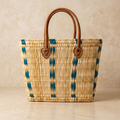 Handwoven Moroccan Straw Tote Bag with Leather Handles: Green