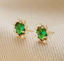 Green Crystal & Pearl Earrings in Gold