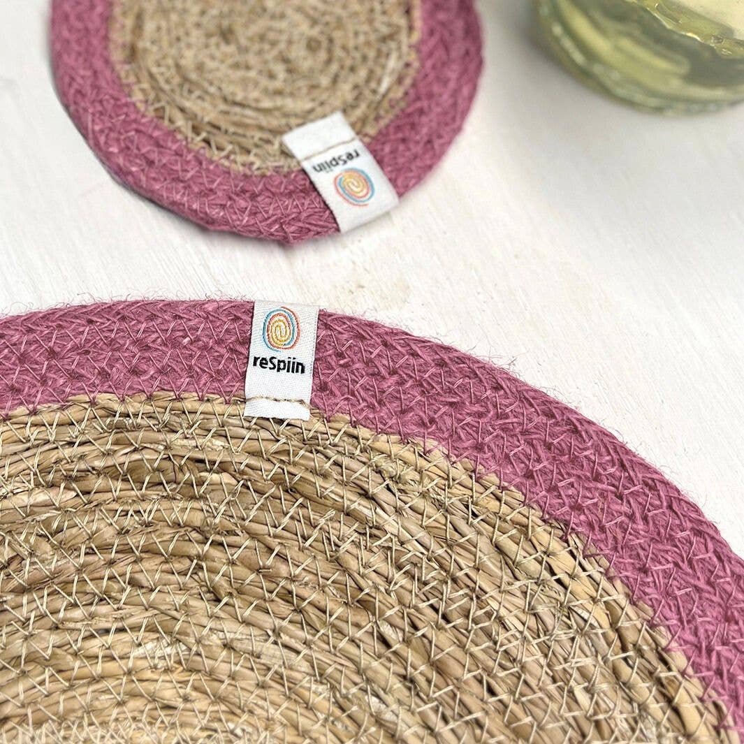Set of 6 Seagrass & Jute Tablemats - Natural/Pink