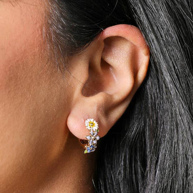 Pastel Enamel Floral Huggie Hoop Earrings in Gold