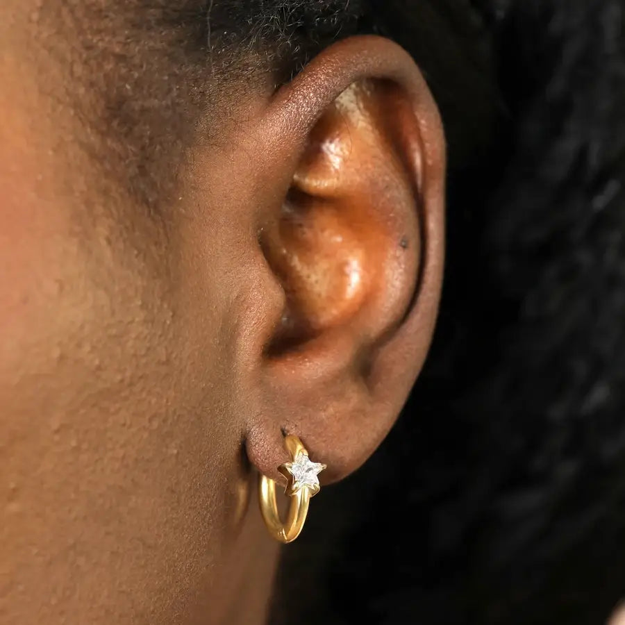 Stainless Steel Crystal Star Huggie Hoop Earrings in Gold