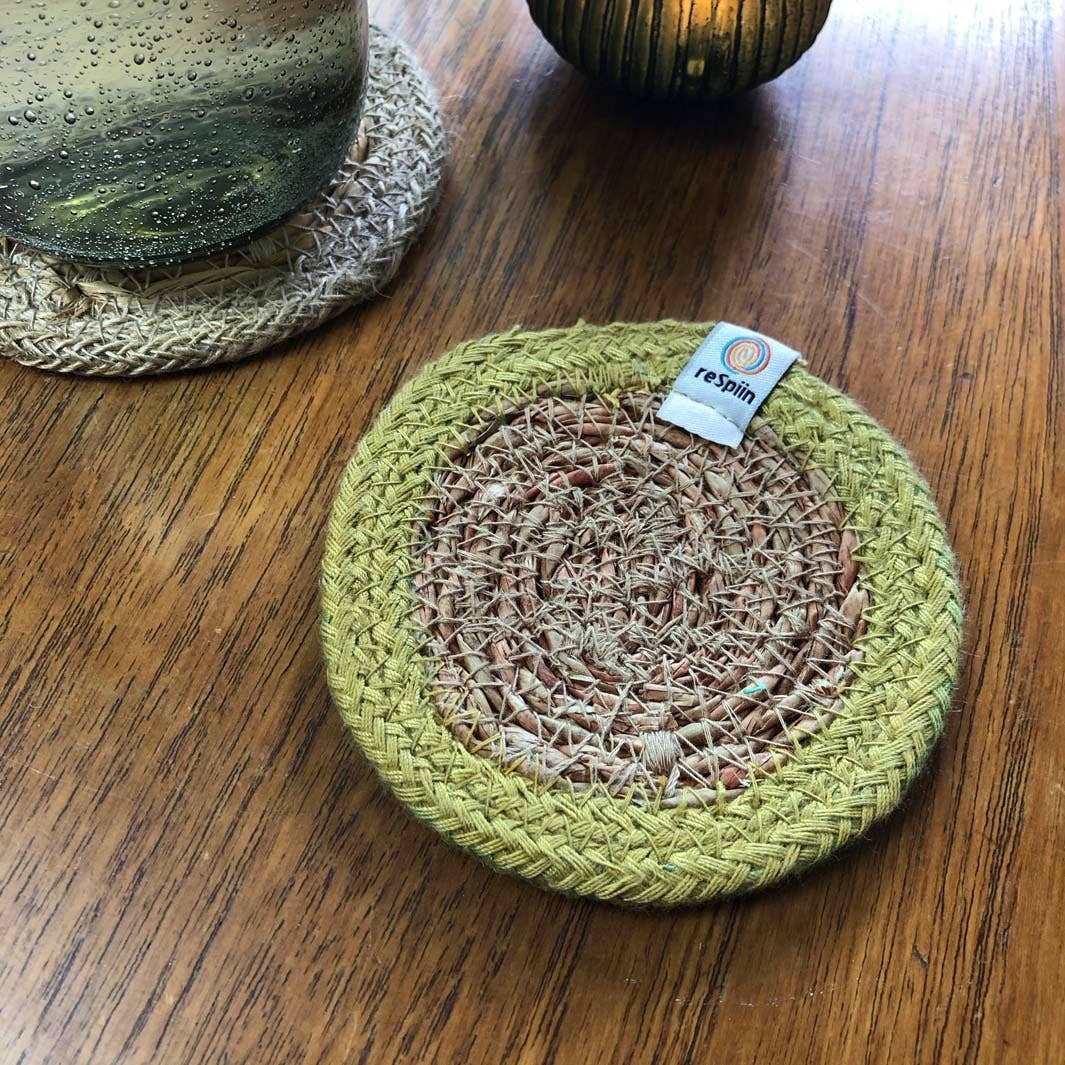 Set of 6 Seagrass & Jute Coasters - Natural/Green