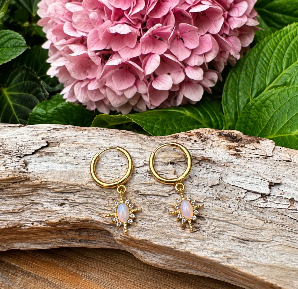 Opalite Sunburst Gold Huggie Earrings