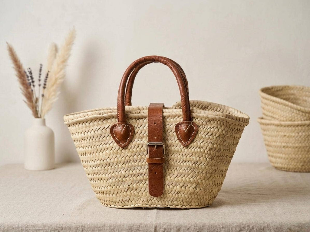 Moroccan Straw Bag with Leather Buckle – Beach Tote