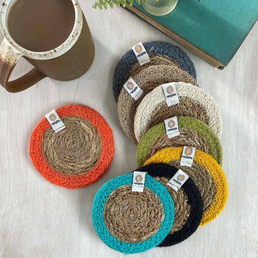 Set of 6 Seagrass & Jute Coasters - Natural/Yellow