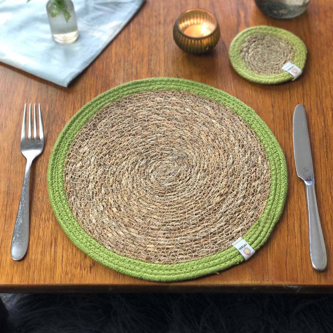 Set of 6 Seagrass & Jute Tablemats - Natural/Green