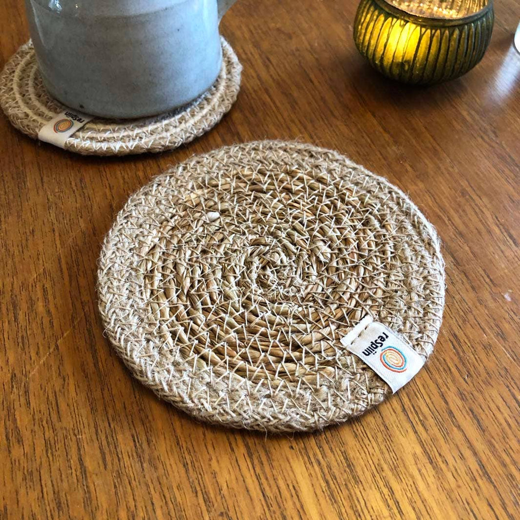 Set of 6 Seagrass & Jute Coasters - Natural/Natural