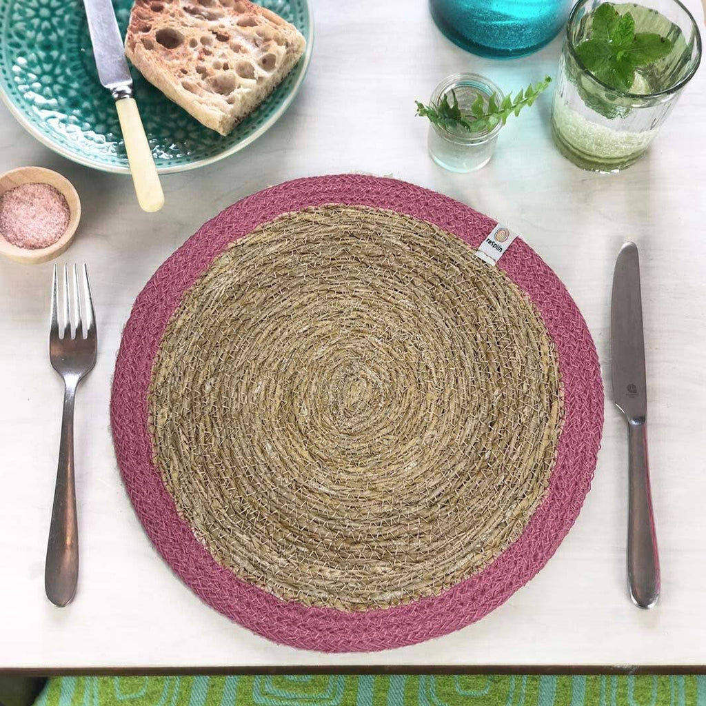 Set of 6 Seagrass & Jute Tablemats - Natural/Pink