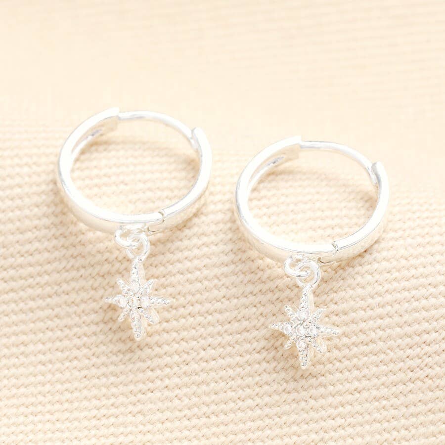 Tiny Star Charm Huggie Hoop Earrings in Silver