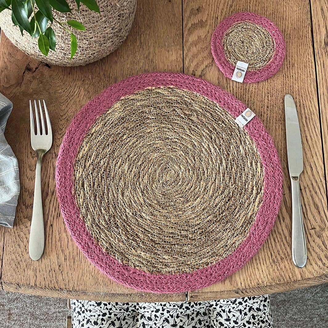 Set of 6 Seagrass & Jute Tablemats - Natural/Pink