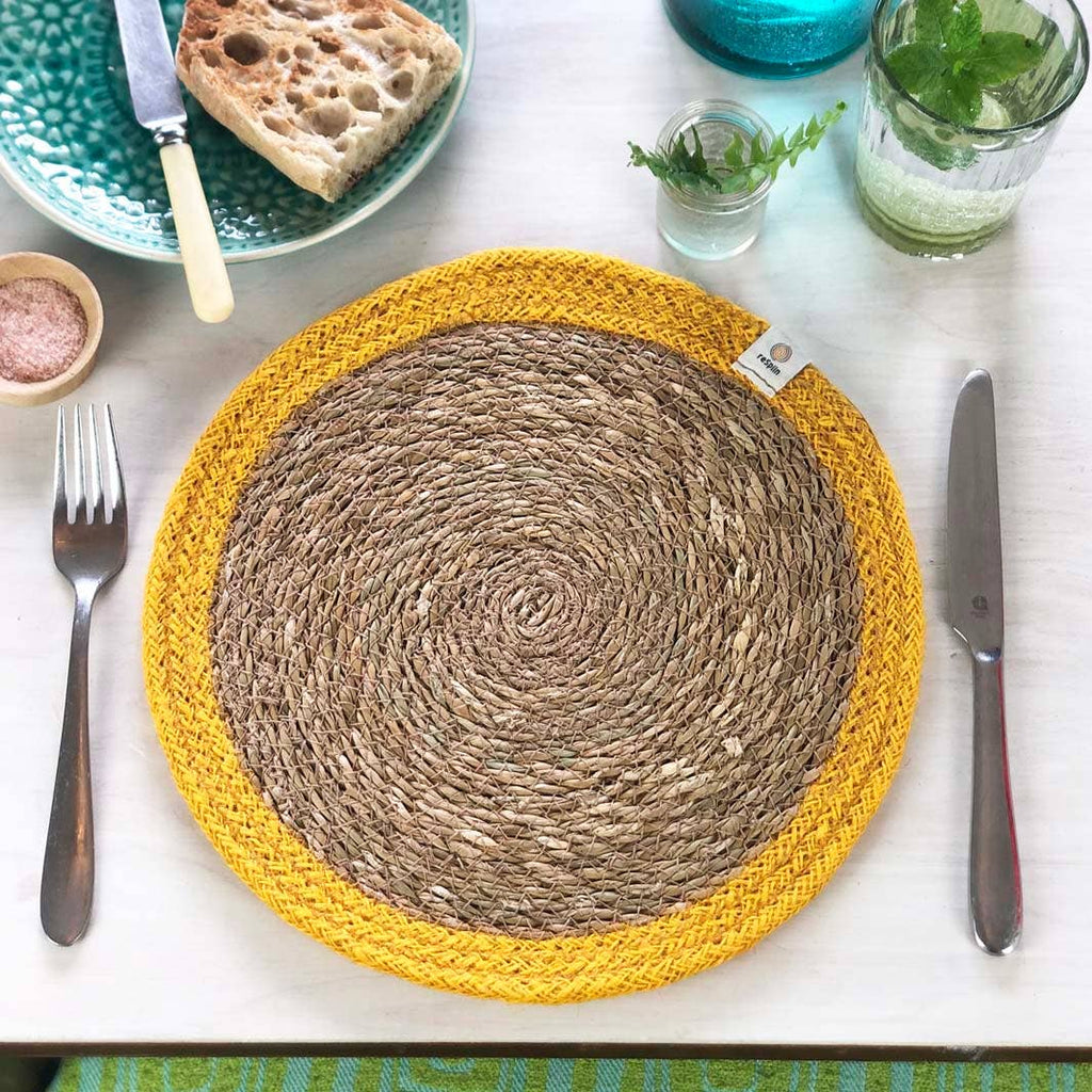 Set of 6 Seagrass & Jute Tablemats - Natural/Yellow