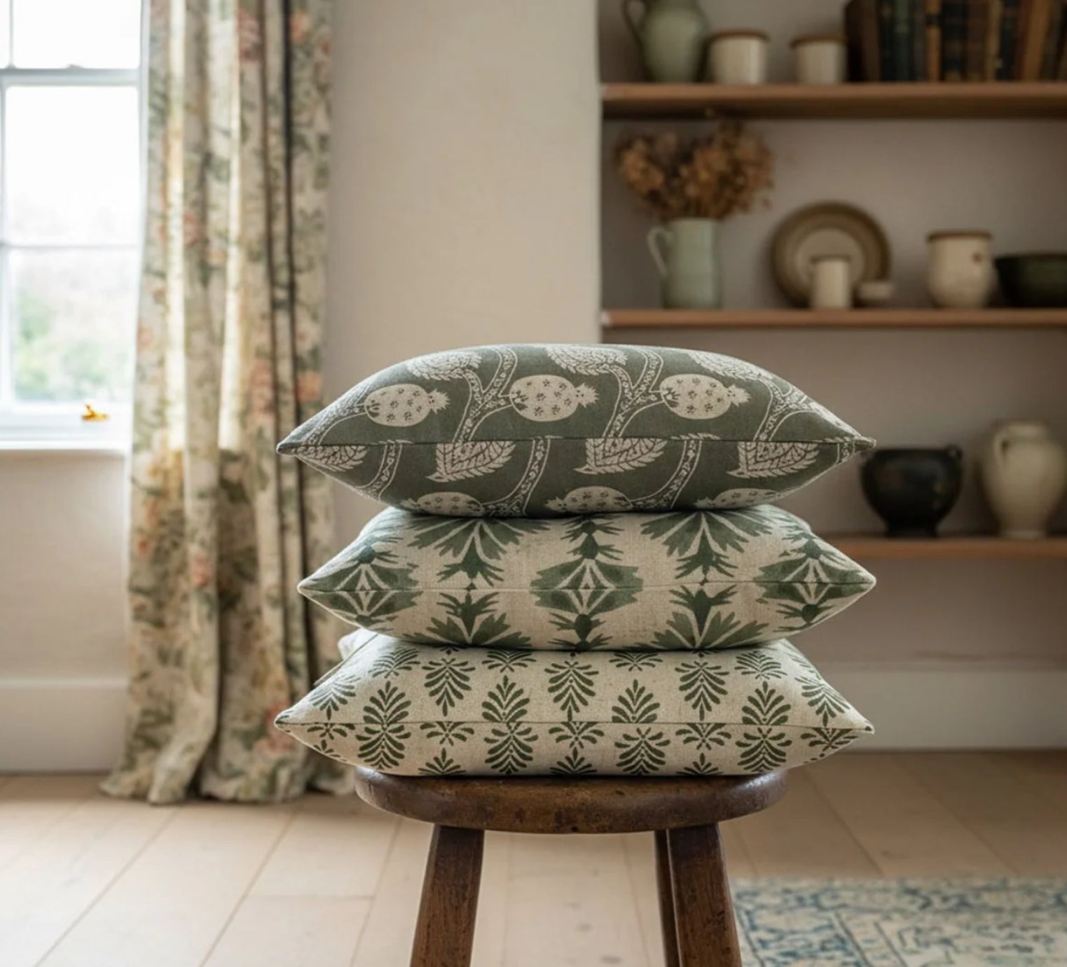Pampas Green Block Print Cushion