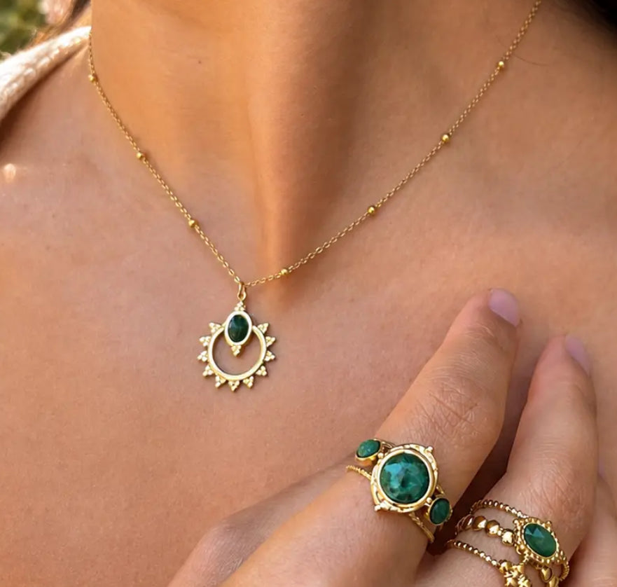18ct Gold Stainless Steel Green Emerald Necklace