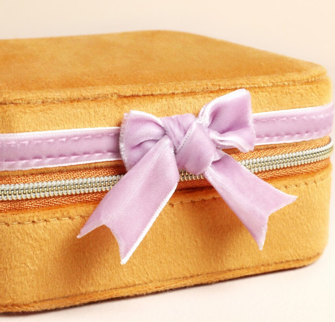 Velvet Bow Jewellery Case  - Mustard Pink