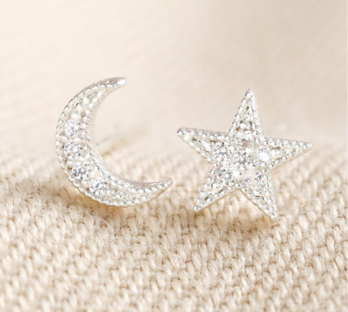 Moon & Star Crystal Earrings - Silver