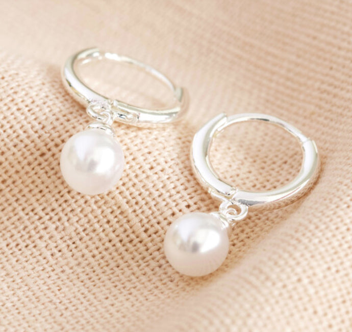 Glass Pearl Huggie Earrings in Silver