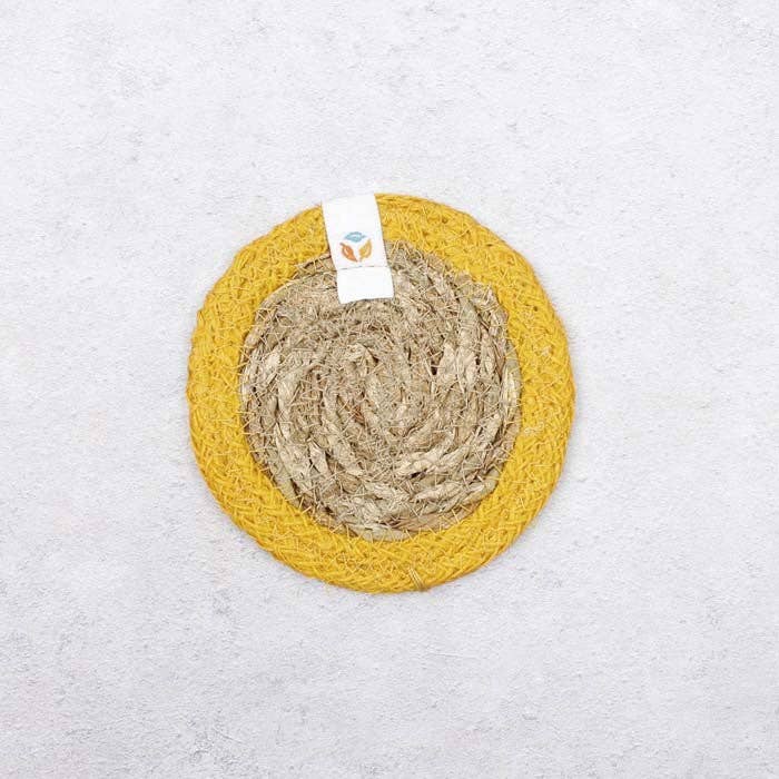 Set of 6 Seagrass & Jute Coasters - Natural/Yellow