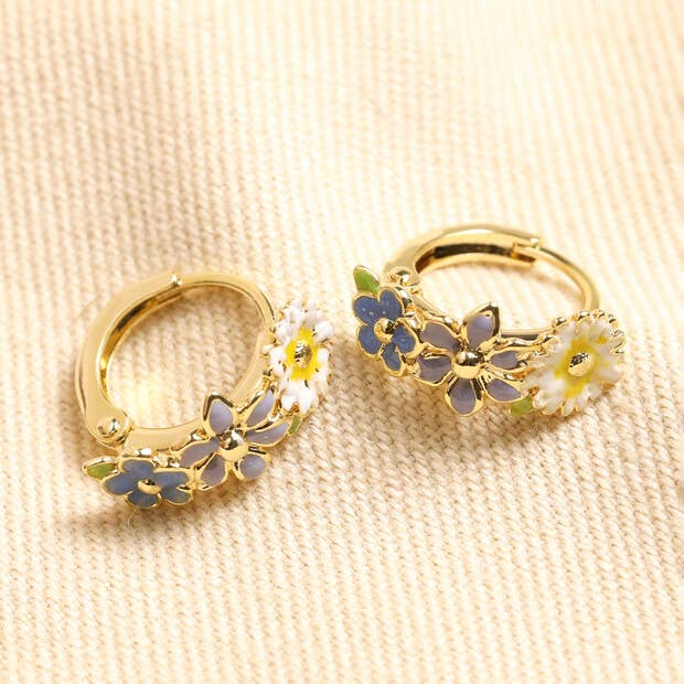 Pastel Enamel Floral Huggie Hoop Earrings in Gold