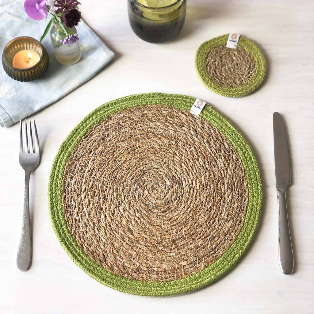 Set of 6 Seagrass & Jute Coasters - Natural/Green