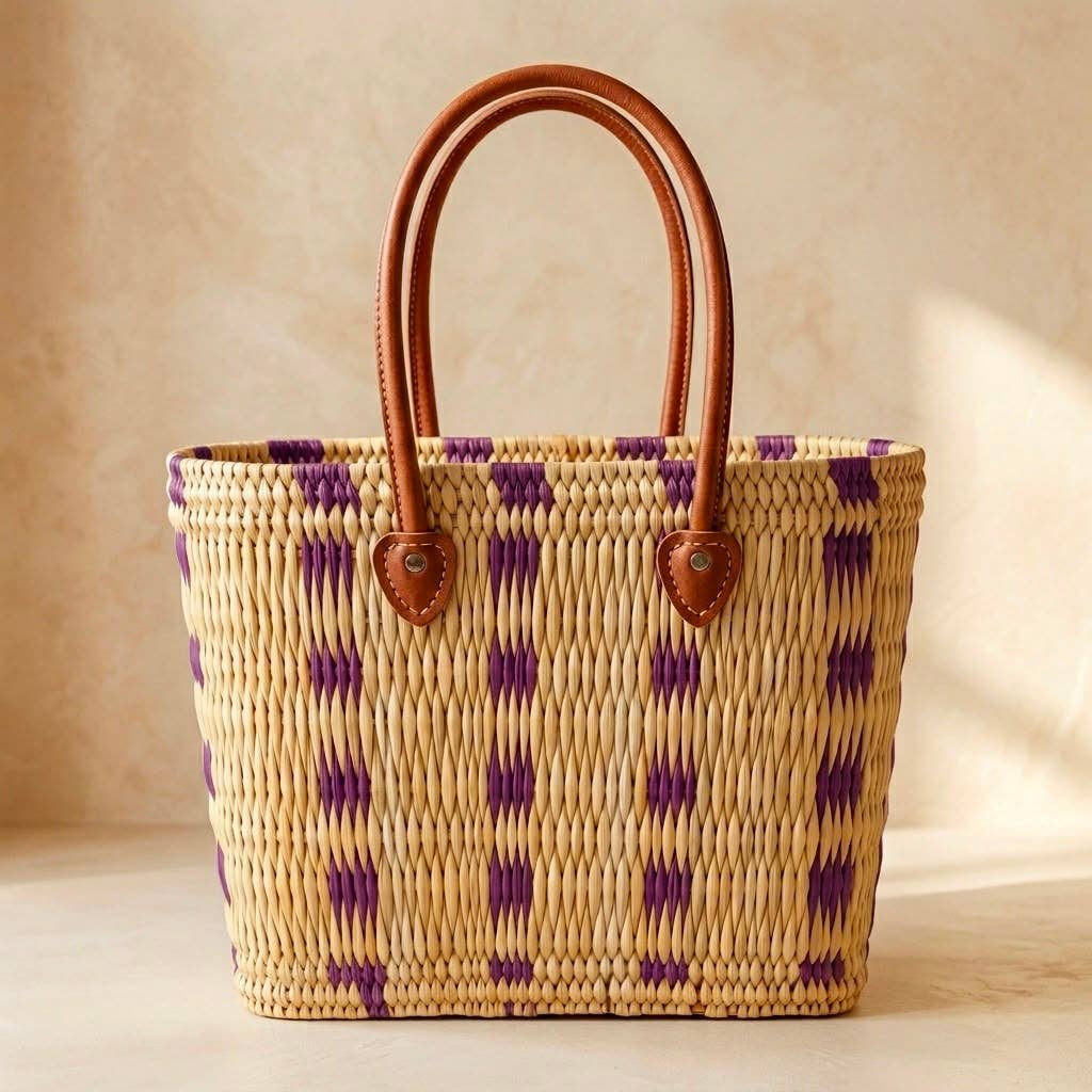 Handwoven Moroccan Straw Tote Bag with Leather Handles: Orange