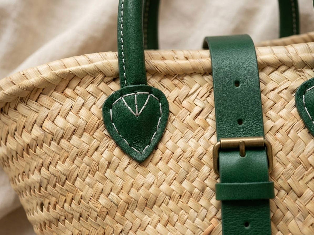 Handwoven Moroccan Straw Basket with Green Leather Handle