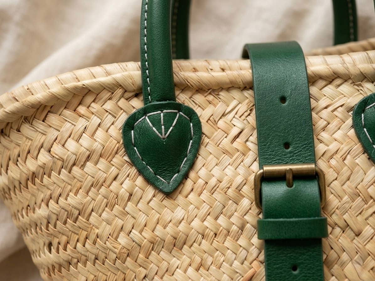 Handwoven Moroccan Straw Basket with Green Leather Handle