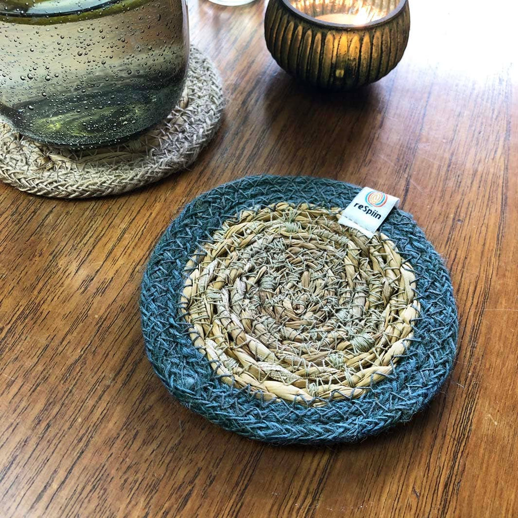 Set of 6 Seagrass & Jute Coasters - Natural/Grey