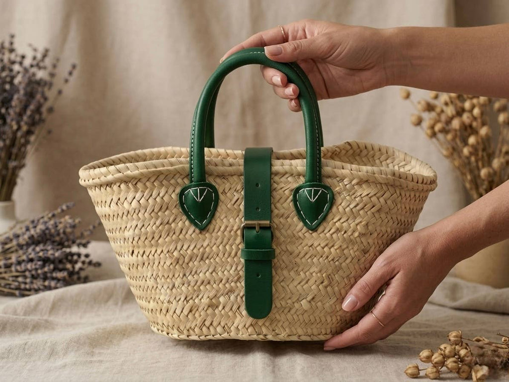 Handwoven Moroccan Straw Basket with Green Leather Handle